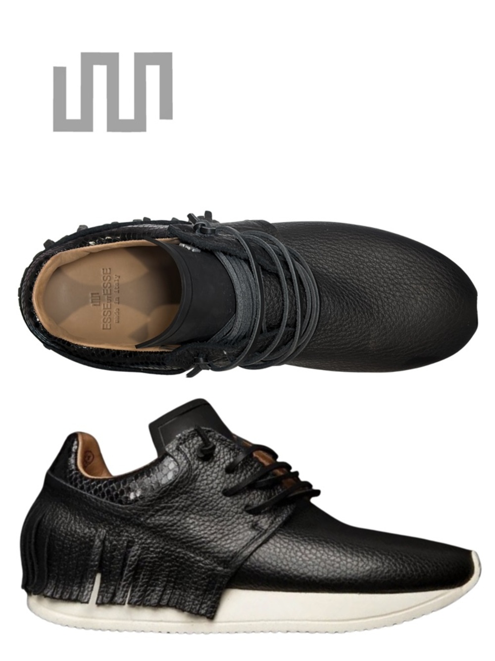 ESSEutESSE new Black Fringe Embossed Snakeskin Leather Lace Sneakers + Box